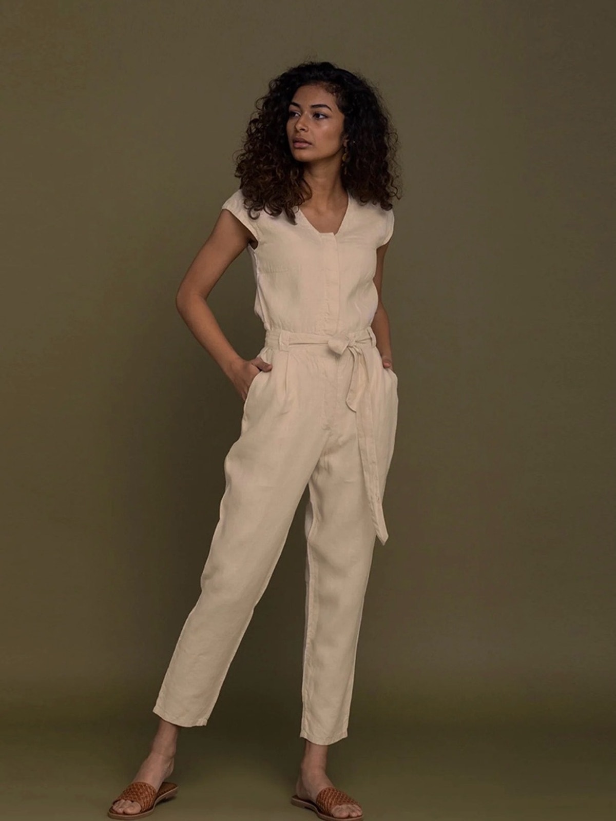 Reistor Evening Chai Hemp Tencel Jumpsuit Nwt Sand Beige Tie Waist Medium